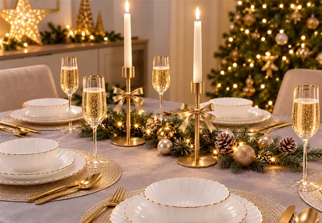 Festlich gedeckter Weihnachtstisch mit weißem Geschirr mit Goldrand, goldenen Kerzenständern, Sektgläsern und Weihnachtsdeko