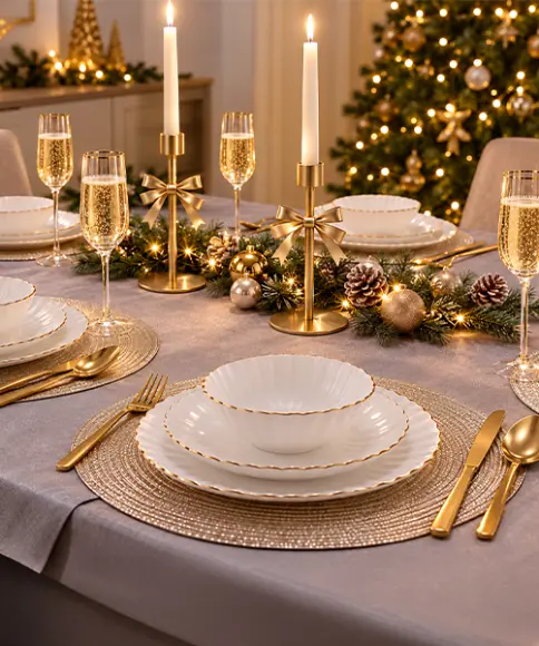 Festlich gedeckter Weihnachtstisch mit weißem Geschirr mit Goldrand, goldenen Kerzenständern, Sektgläsern und Weihnachtsdeko