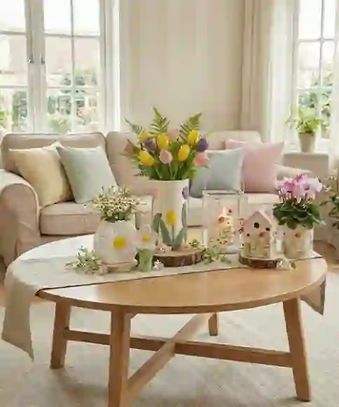 Helles Wohnzimmer mit Frühlingsdeko, Sofa, Blumen, Vasen und dekorativen Wohnaccessoires