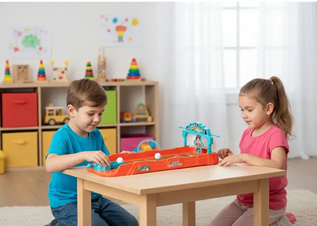 Zwei Kinder spielen auf einem Teppichboden mit einer Holzeisenbahn, einem Spielzeugroboter und einem Baukasten, umgeben von einem gemütlichen Wohnzimmer.