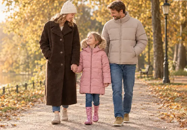 Familie in warmen Jacken bei einem herbstlichen Spaziergang am See