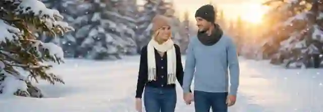 Paar im Winterwald mit Strickmode, Mützen und Schals bei verschneiter Landschaft