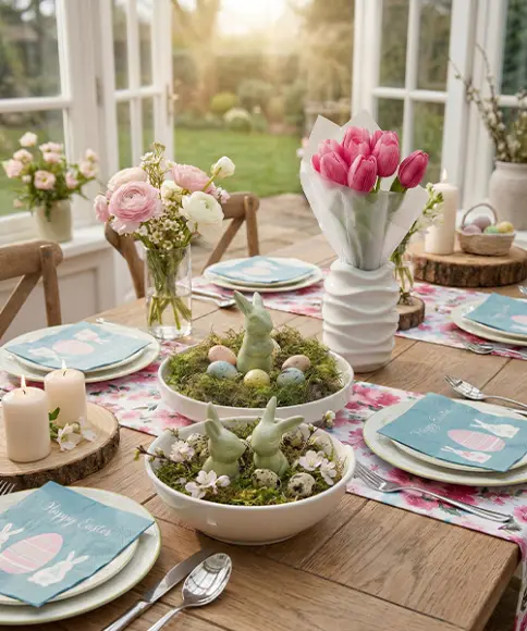 Ein wunderschön gedeckter Esstisch mit Blumenarrangements, Kerzen und pastellfarbener Deko, durchflutet von warmem Sonnenlicht großer Fenster.