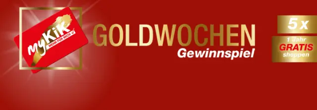 Werbebanner für „MyKiK“ mit dem „Gold Weeks“-Gewinnspiel, bei dem 5 Preise in Form von einem Jahr kostenlosem Einkaufen zu gewinnen sind.