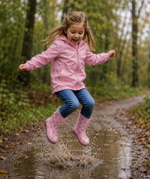 Mädchen in rosa Regenjacke und Gummistiefeln springt bei einem Spaziergang durch eine Pfütze