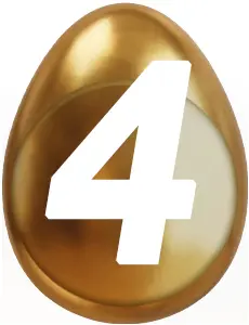 Golden glänzendes Ei mit einer großen weißen Zahl „4“ auf der Oberfläche.