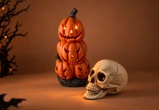 Halloween-Deko mit leuchtenden Kürbissen und Totenkopf