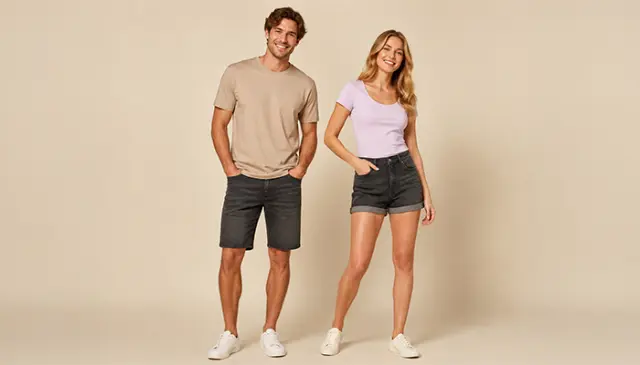 Damen und Herren in Basic T Shirts und Jeans Shorts für den Sommer mit lässigem Freizeitlook
