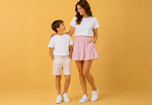 Eine Frau und ein Junge in lässigen Sommeroutfits stehen vor einem gelben Hintergrund und schauen sich an.