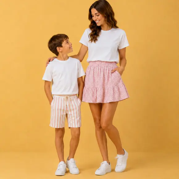 Eine Frau und ein Junge in lässigen Sommeroutfits stehen vor einem gelben Hintergrund und schauen sich an.