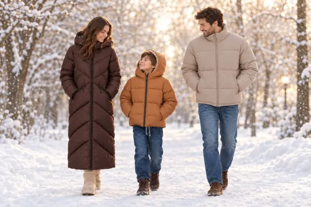 Familie mit Mutter, Vater und Sohn in warmen Winterjacken bei einem gemeinsamen Spaziergang durch einen verschneiten Park