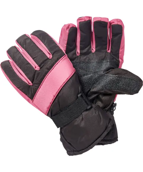 Schwarze und pinke isolierte Winterhandschuhe mit verstellbaren Handgelenkriemen und strukturierten Handflächen für besseren Grip.