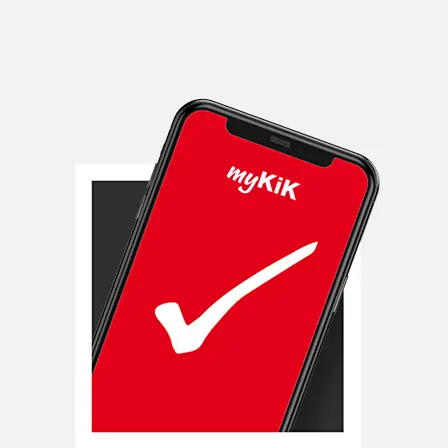 Ein Smartphone, das einen roten Sperrbildschirm und einen roten Schriftzug "myKiK" aufweist.