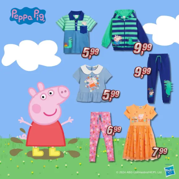 Peppa Wutz Kinderkleidung – T-Shirts, Kleider und Hosen mit Peppa Pig Motiven in verschiedenen Farben und Preisen