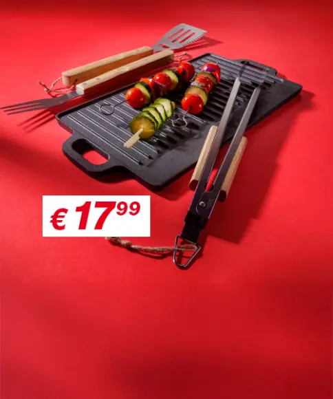 Ein Set aus fünf gusseisernen Kochgeschirrteilen, darunter ein Bräter, eine Pfanne und eine Grillpfanne, vor einem leuchtend roten Hintergrund.