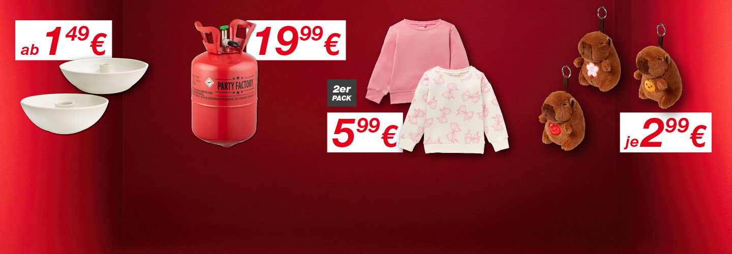 Das Bild zeigt einen roten Hintergrund, auf dem verschiedene Produkte zu sehen sind: Schüsseln, eine Gasflasche, Kinderkleidung und Plüsch-Schlüsselanhänger mit Preisangaben.
