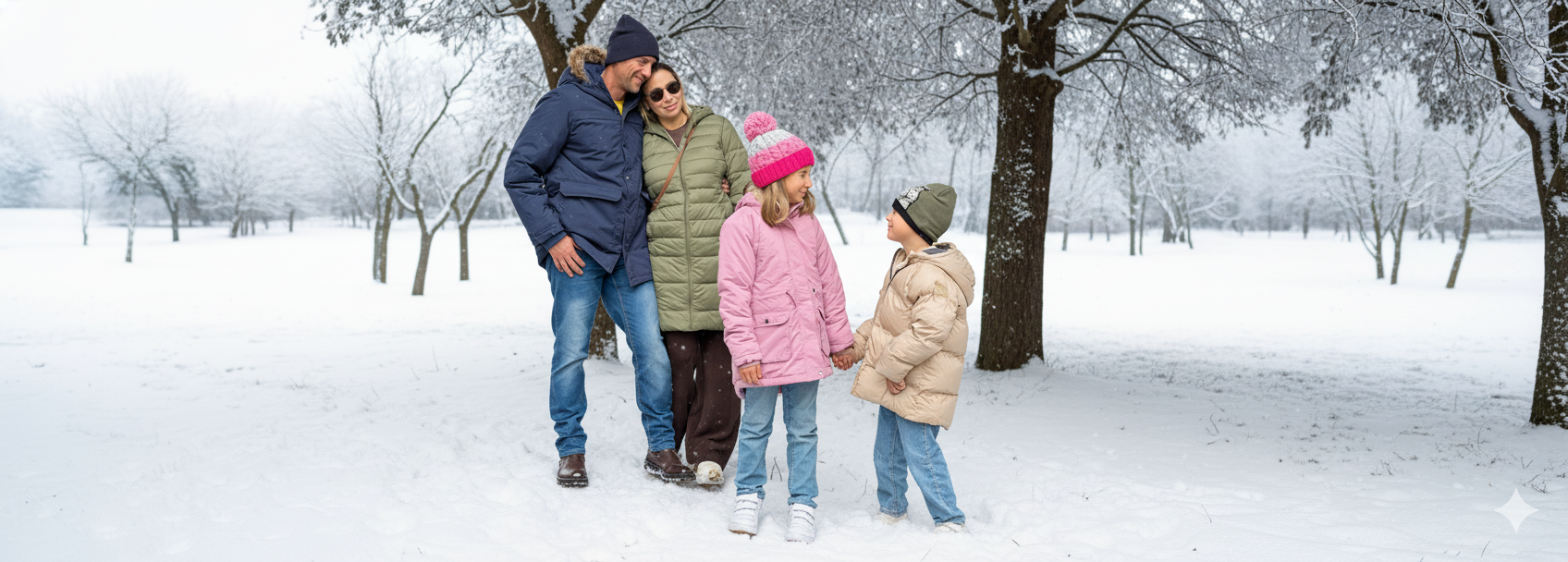 Eine Familie genießt einen verschneiten Park, gekleidet in Winterkleidung, und steht zusammen zwischen Bäumen und einer weißen Schneedecke
