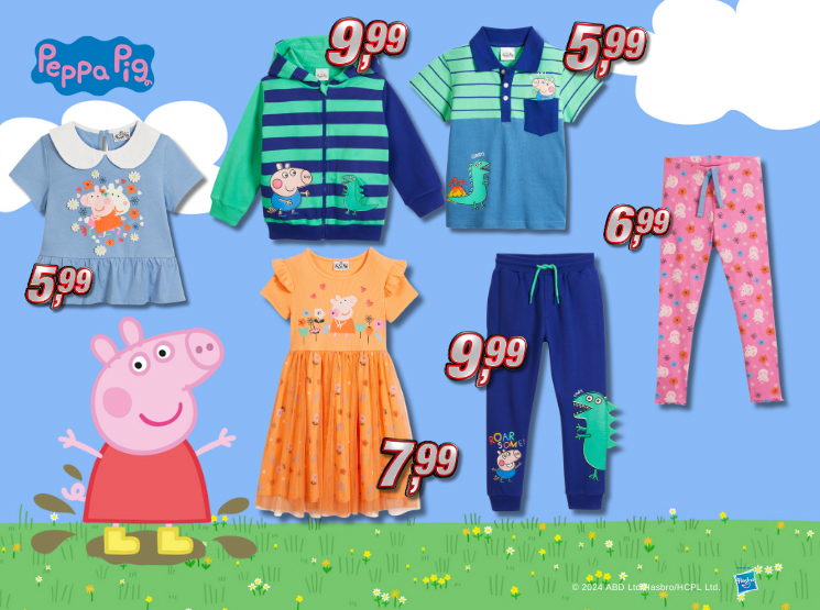 Tauche in die zauberhafte Welt von Peppa Pig ein Peppa Wutz Kinderkleidung – T-Shirts, Kleider und Hosen mit Peppa Pig Motiven in verschiedenen Farben und Preisen