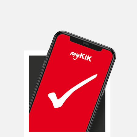 Ein Smartphone, das einen roten Sperrbildschirm und einen roten Schriftzug "myKiK" aufweist.
