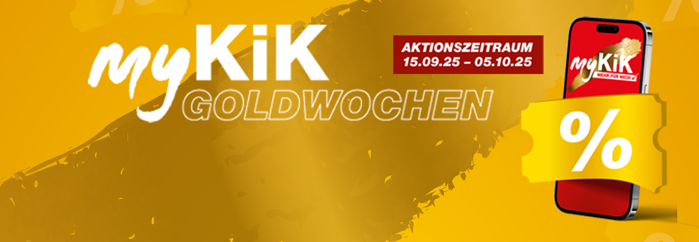 Werbegrafik zu den „Goldwochen“ von myKiK mit einem Smartphone, roten Würfeln und dem Aktionszeitraum 15.09.–05.10.2025, die auf attraktive Rabatte hinweist.