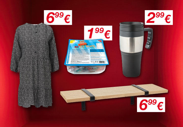Ein Werbefoto mit vier Produkten: Eis am Stiel für 1,99 €, ein Reisebecher für 2,99 €, ein Kleid für 6,99 € und ein Regal für 6,99 €.